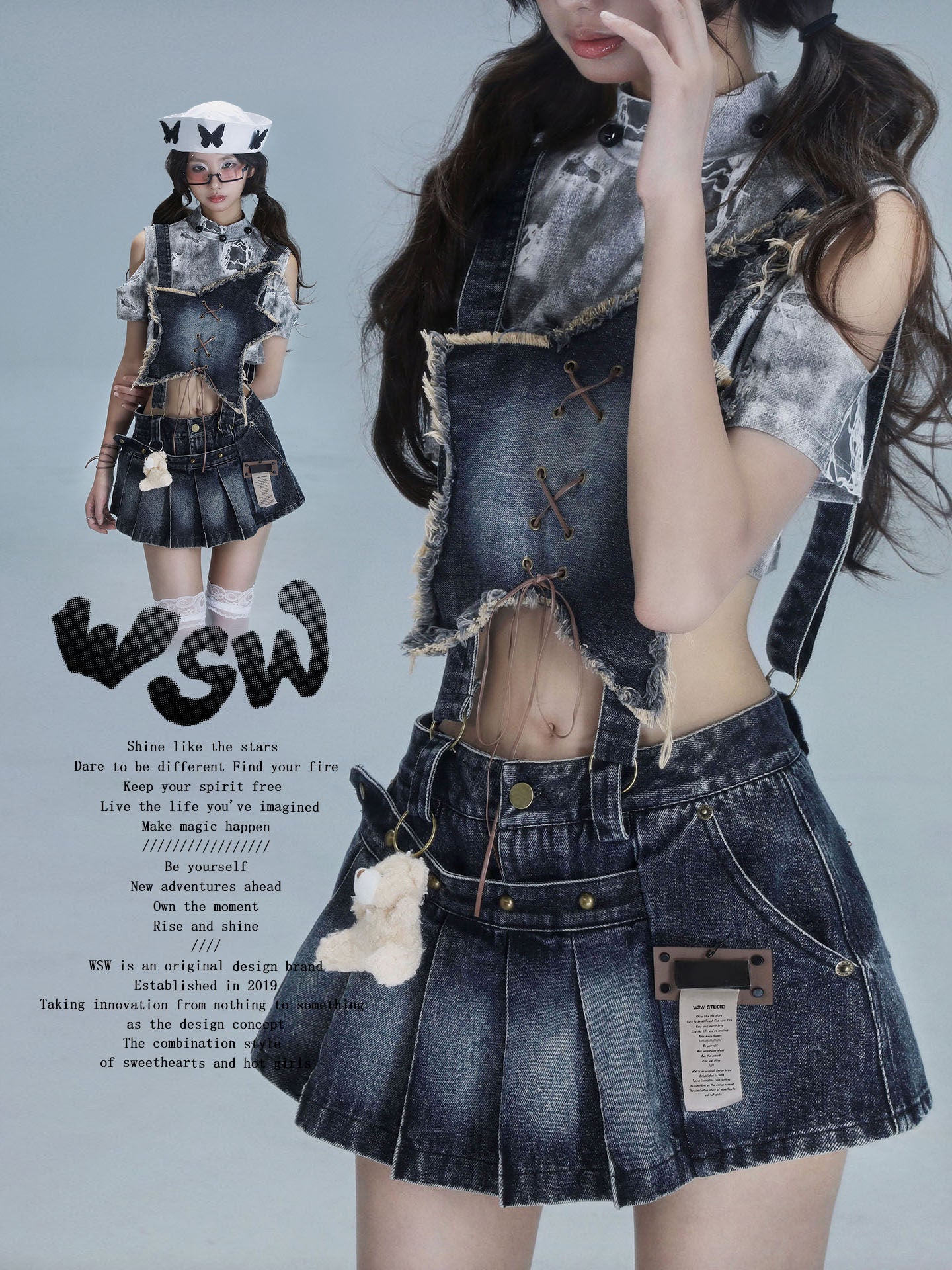 Detachable Washed Suspender Denim Short Skirt & Inner Shirts Set NA8554