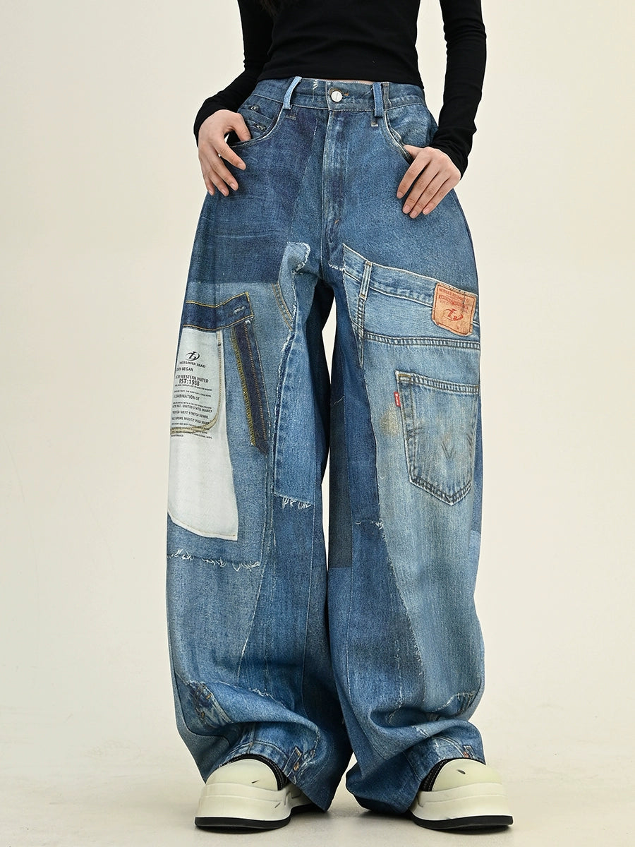 Wide-leg Patch Spliced Print Denim Jeans NA6279