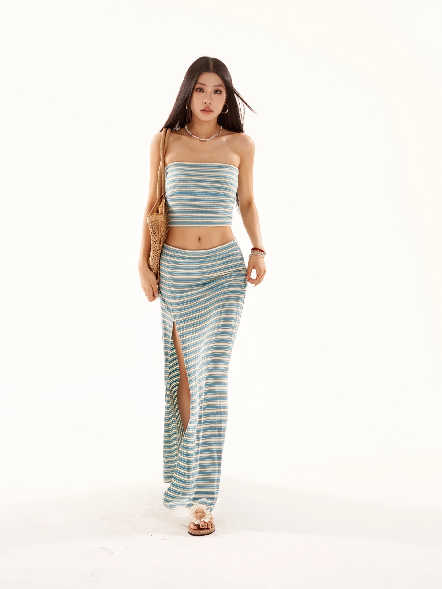 Stripes Tube Top & Long Slit Skirt Setup NA3930