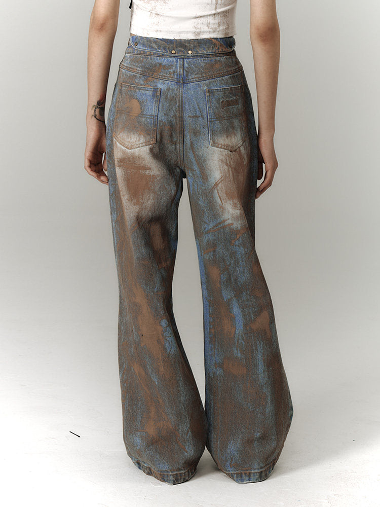 Mud Wash Damage Tie-Dye Wide Leg Straight Denim Jeans NA8928