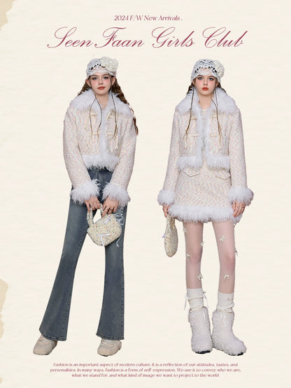 Textured Fake Fur Short Skirt & Jacket Setup NA6922