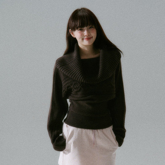Ribbed Cowl Neck Cable Sleeve Knit Sweater NA8834