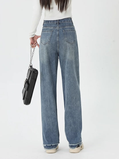 Washed Fringe Wide-Leg Straight Jeans NA3251