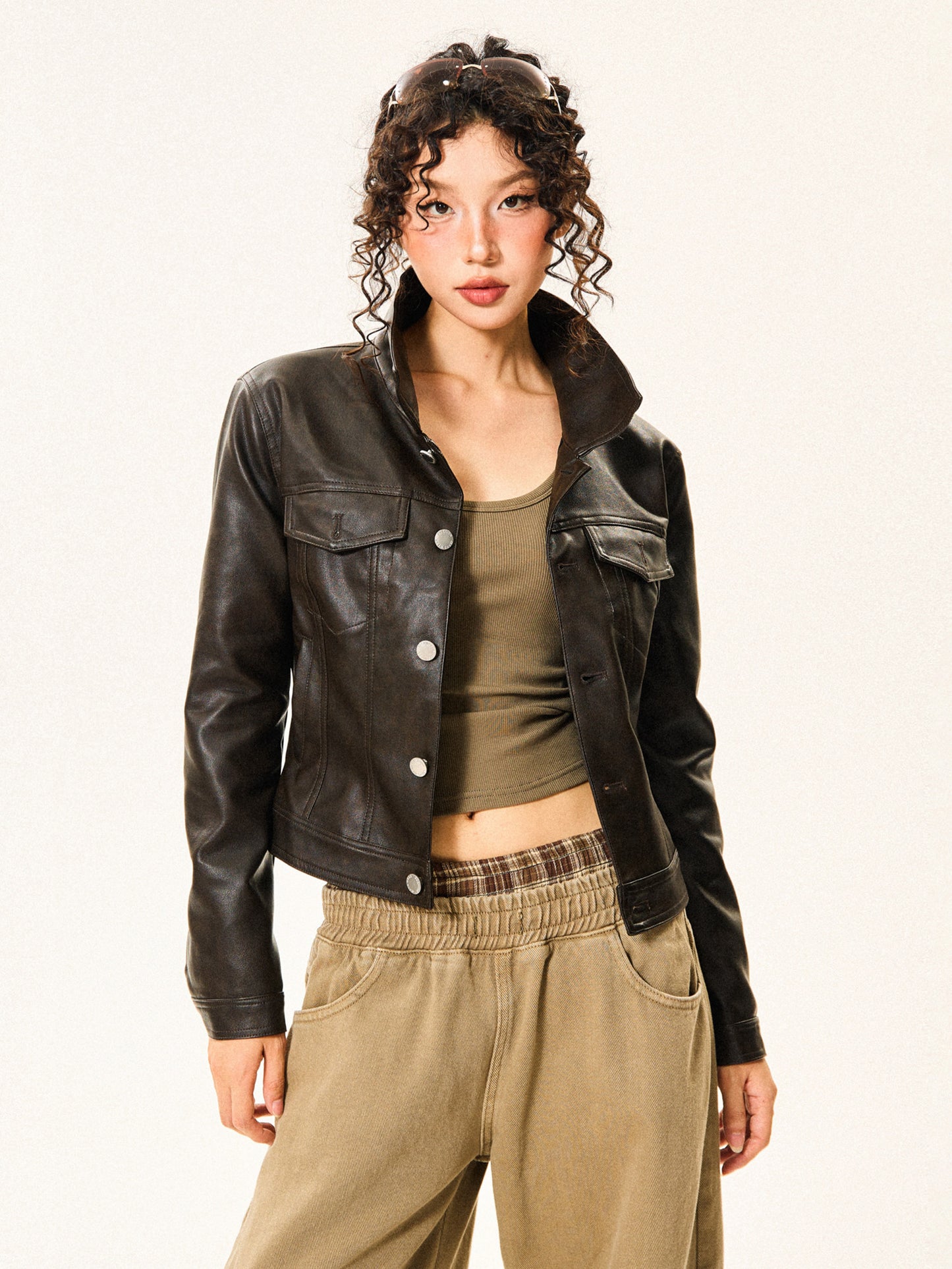 PU Leather Standing-Collar Short Jacket NA9334