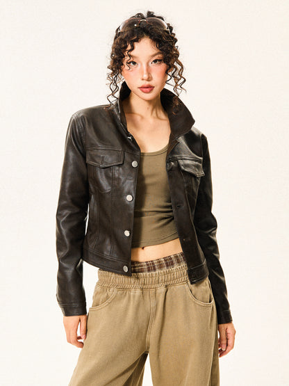 PU Leather Standing-Collar Short Jacket NA9334