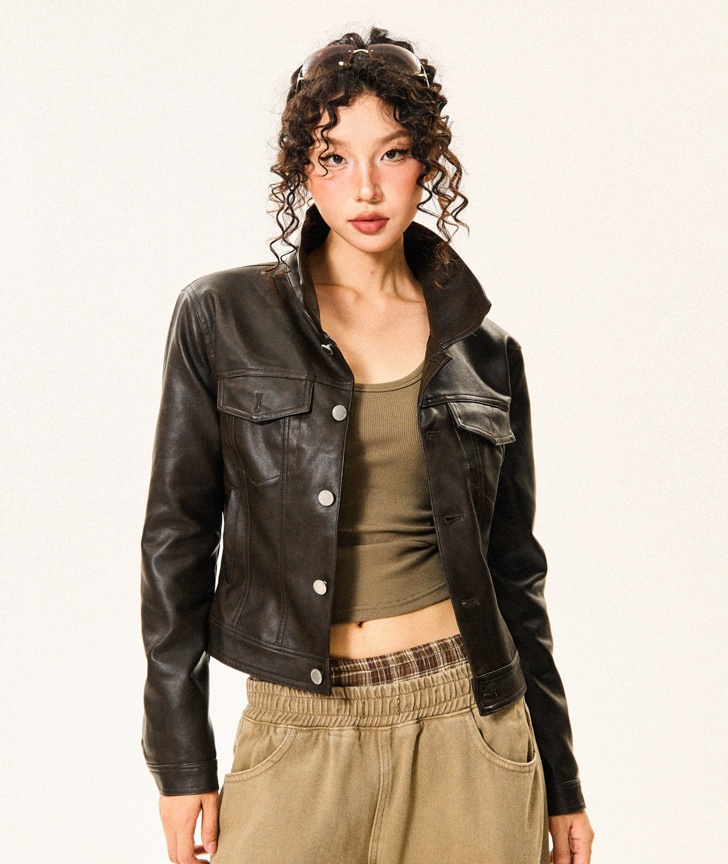 PU Leather Standing-Collar Short Jacket NA9334