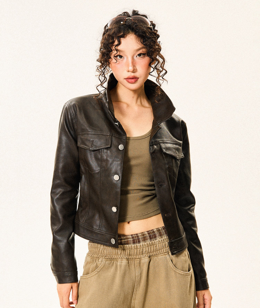 PU Leather Standing-Collar Short Jacket NA9334