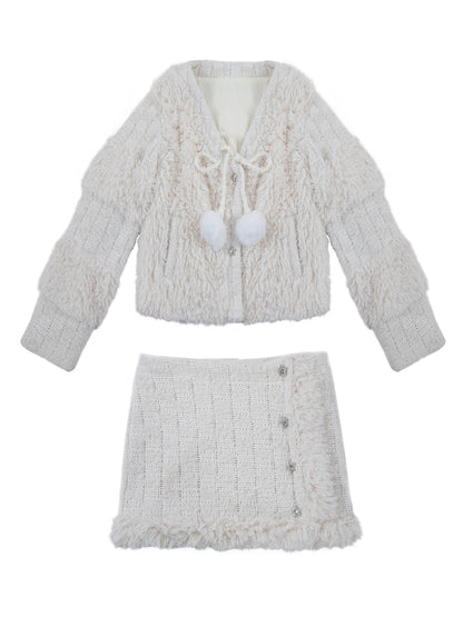 Fleece Lining Soft Fuzzy Knit Cardigan & Half Skirt Setup NA8967