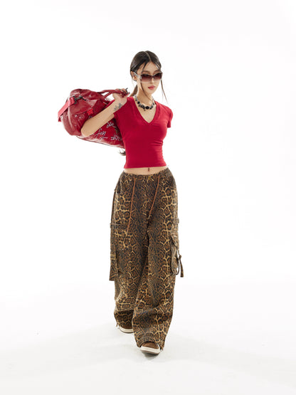 Wide-Leg Straight Leopard Print Cargo Pants NA3717