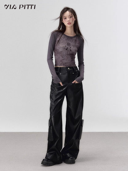 PU Leather Wide-Leg Straight Cargo Pants NA4754