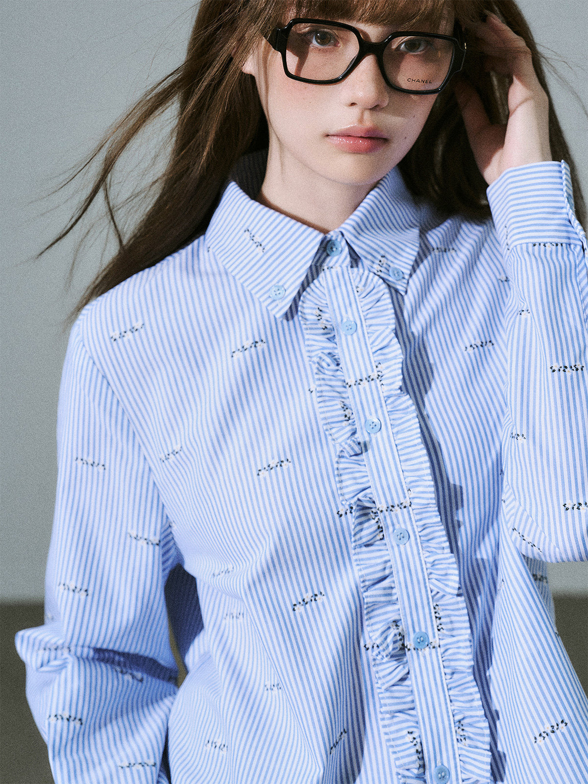 Ruffle Placket Striped Button-Up Long Sleeve Shirt NA8831