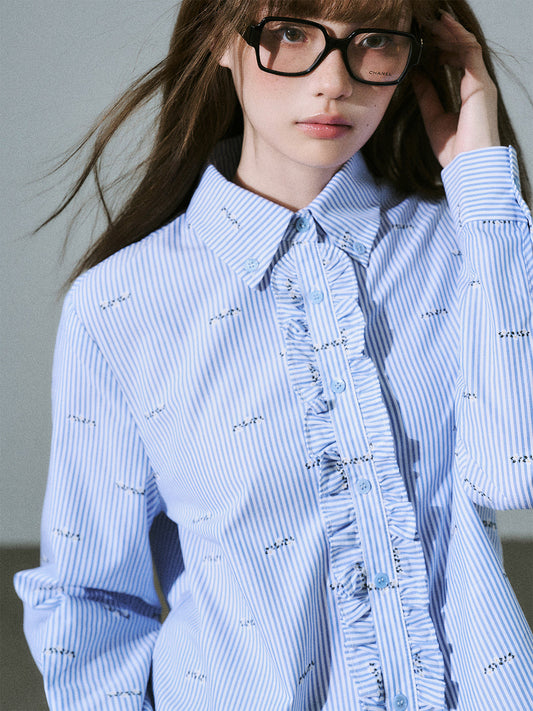 Ruffle Placket Striped Button-Up Long Sleeve Shirt NA8831