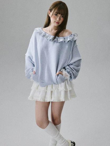 Off-Shoulder Lace Trim Sweatshirt NA8849