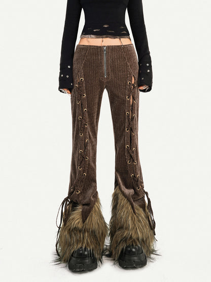 Corduroy Patchwork Fake Fur Lace-Up Slimming Pants NA8621