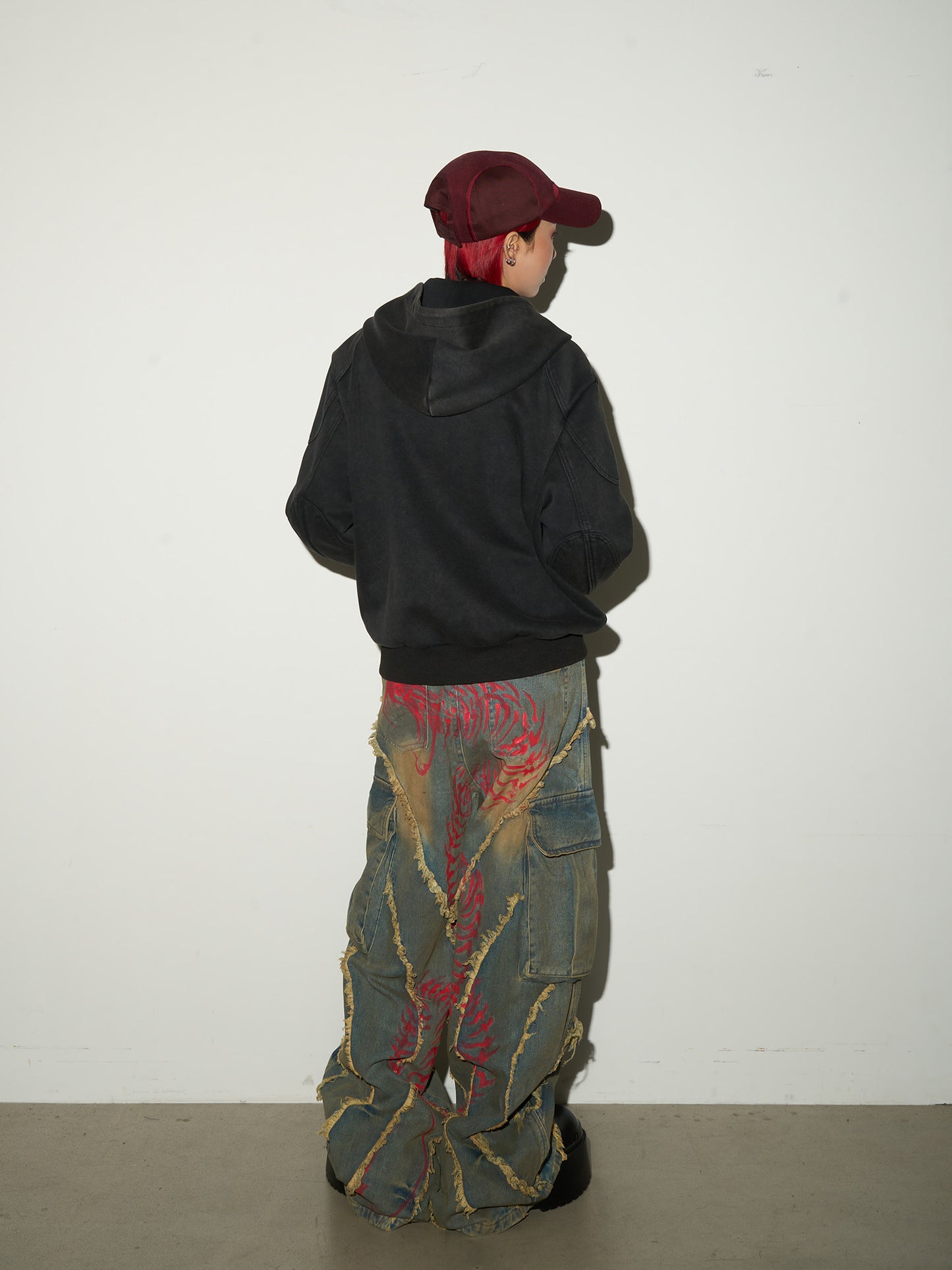 Embroidery Wash Damage Oversize Zipper Hoodie NA9070