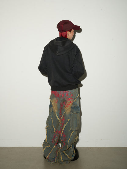 Embroidery Wash Damage Oversize Zipper Hoodie NA9070