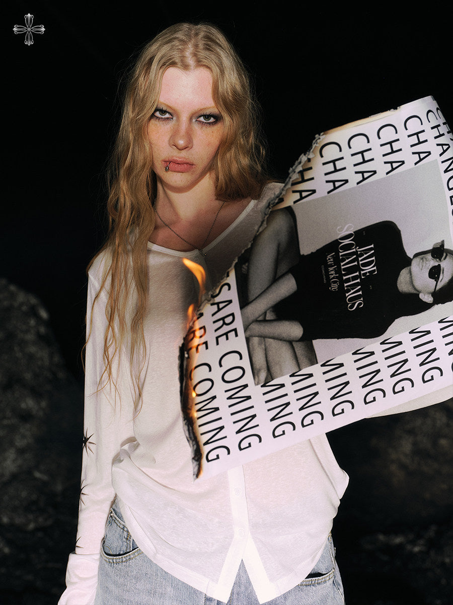 Star Print Button V-Neck Knit Cardigan NA8945