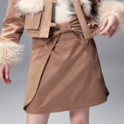 Fur Collar Bow Jacket & Bow Suede Skirt Setup NA8800