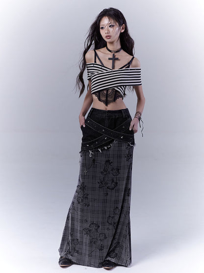 Plaid Rose Low Saturation Denim Skirt NA8544