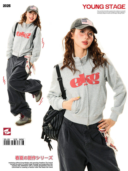 Letter Print Fitted Zipper Hoodie NA9371
