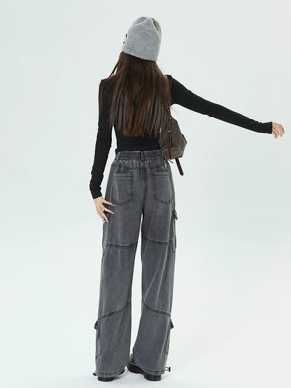 Washed Wide-Leg Straight Cargo Denim Jeans NA3319