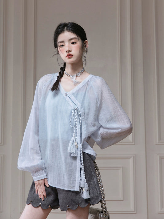 Liagonal Placket Lace-up Long Sleeve Shirt & Camisole Setup NA5515