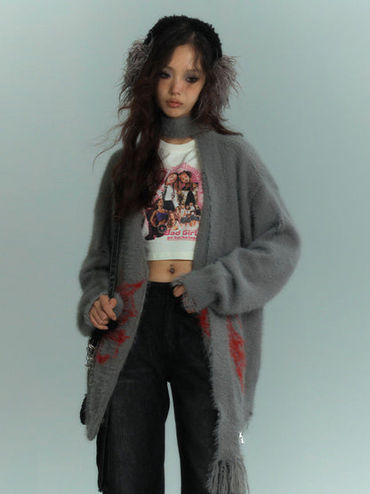 V-Neck Fake Mink Damage Zipper Knit Cardigan NA8876