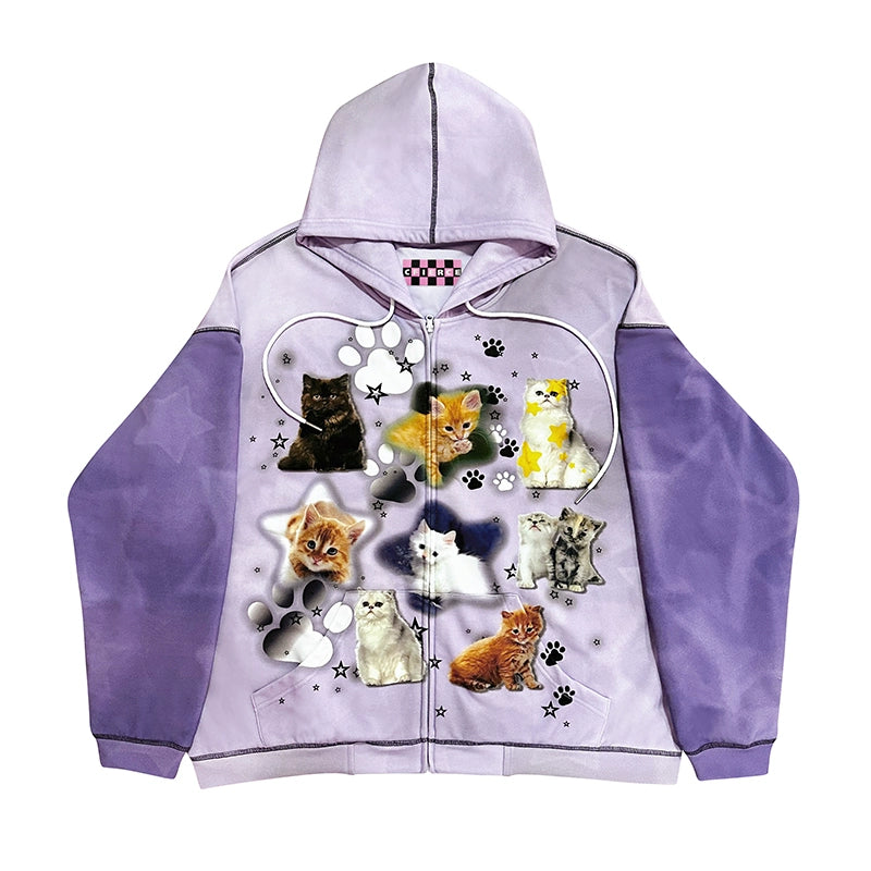 Cat Print Zipper Hoodie NA6620