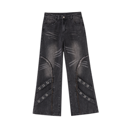 Washed Frayed Wide-Leg Straight Denim Jeans NA8903