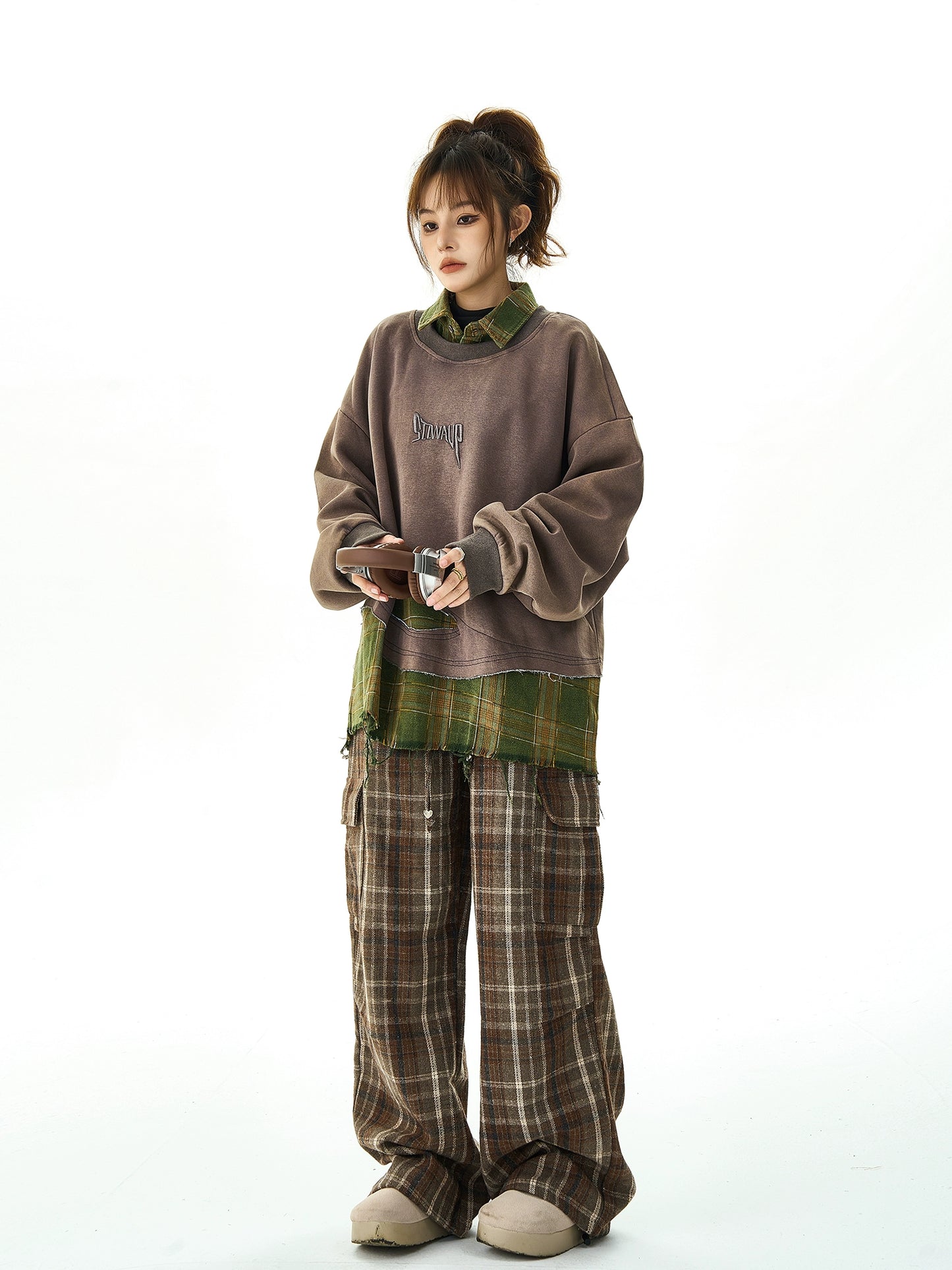 Plaid Stitching Fake Layered Sweatshirt NA2933