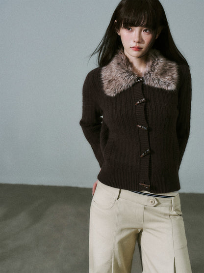 Slim Detachable Fur Collar Horn Button Sweater Jacket NA8790