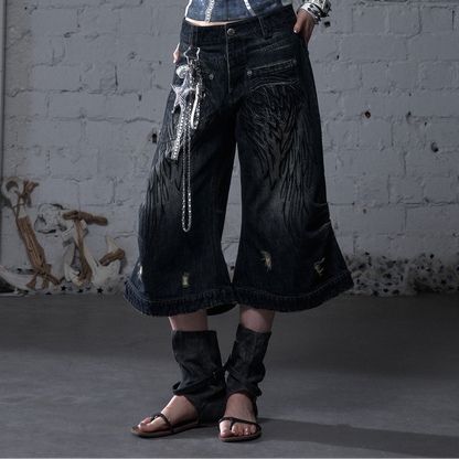Embroidery Wing Washed Wide Leg Denim Half Jeans NA8970