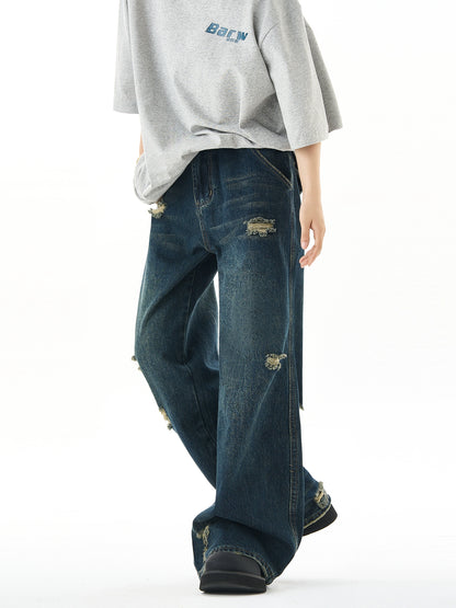 Washed Wide-Leg Straight Denim Jeans NA3057