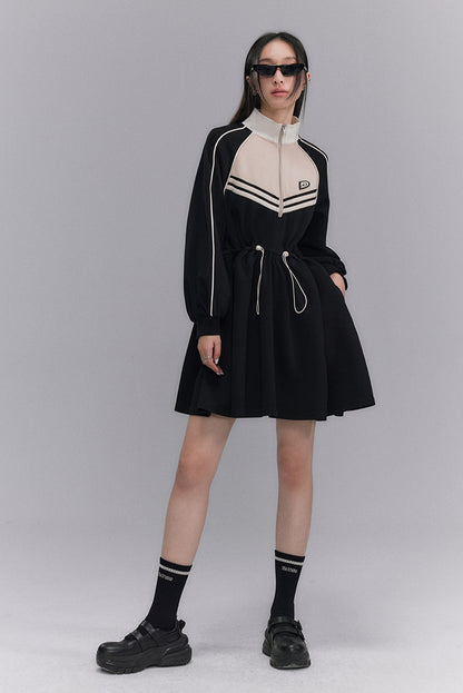 Embroidery Color Blocking Sporty Long Sleeve Jersey Dress NA5301