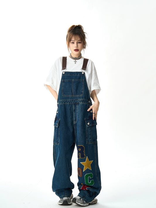 Patchwork Wide-Leg Straight Overalls NA2949