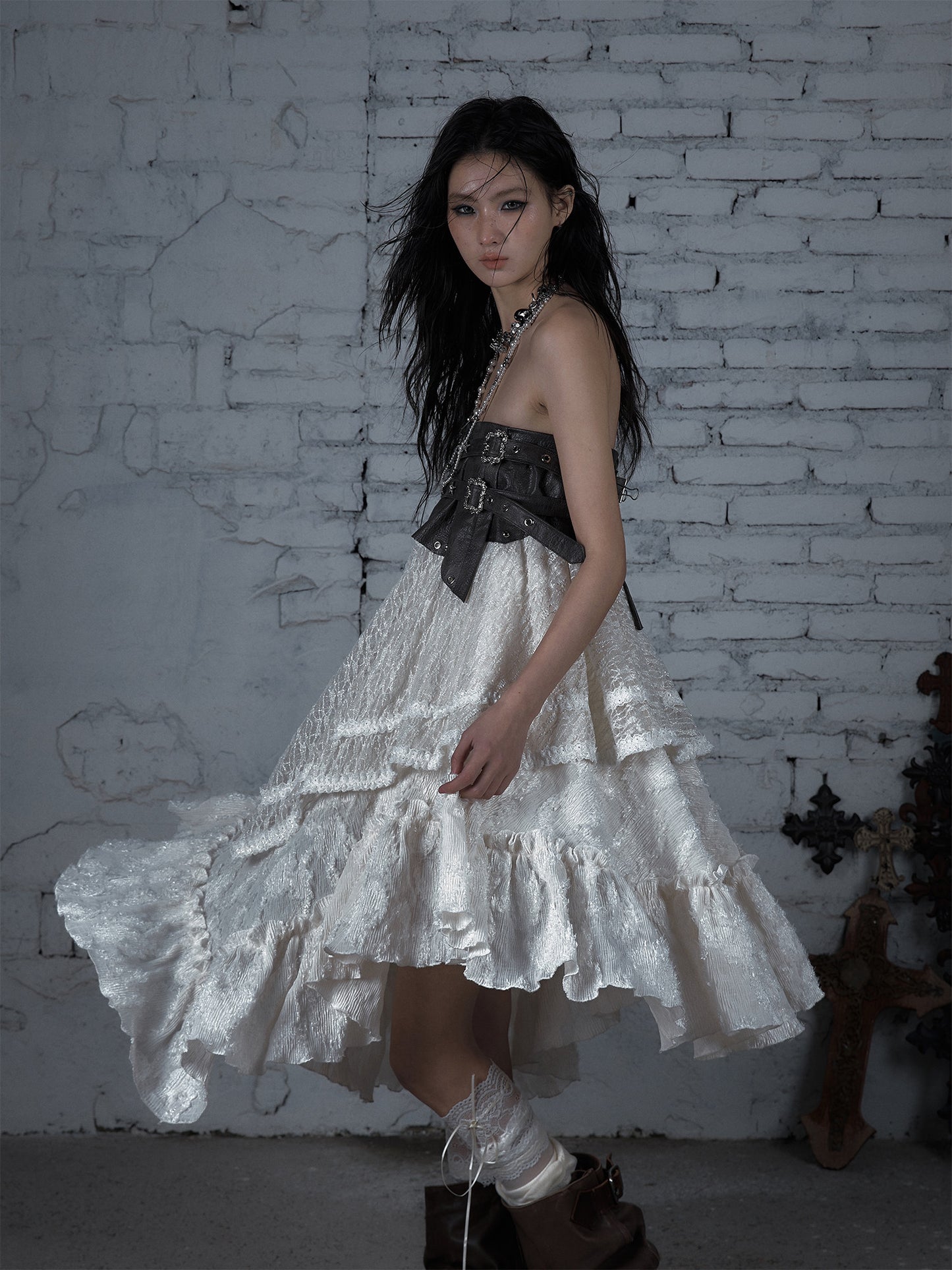 Asymmetric Lace Layered Belt Detail Skirt NA9003