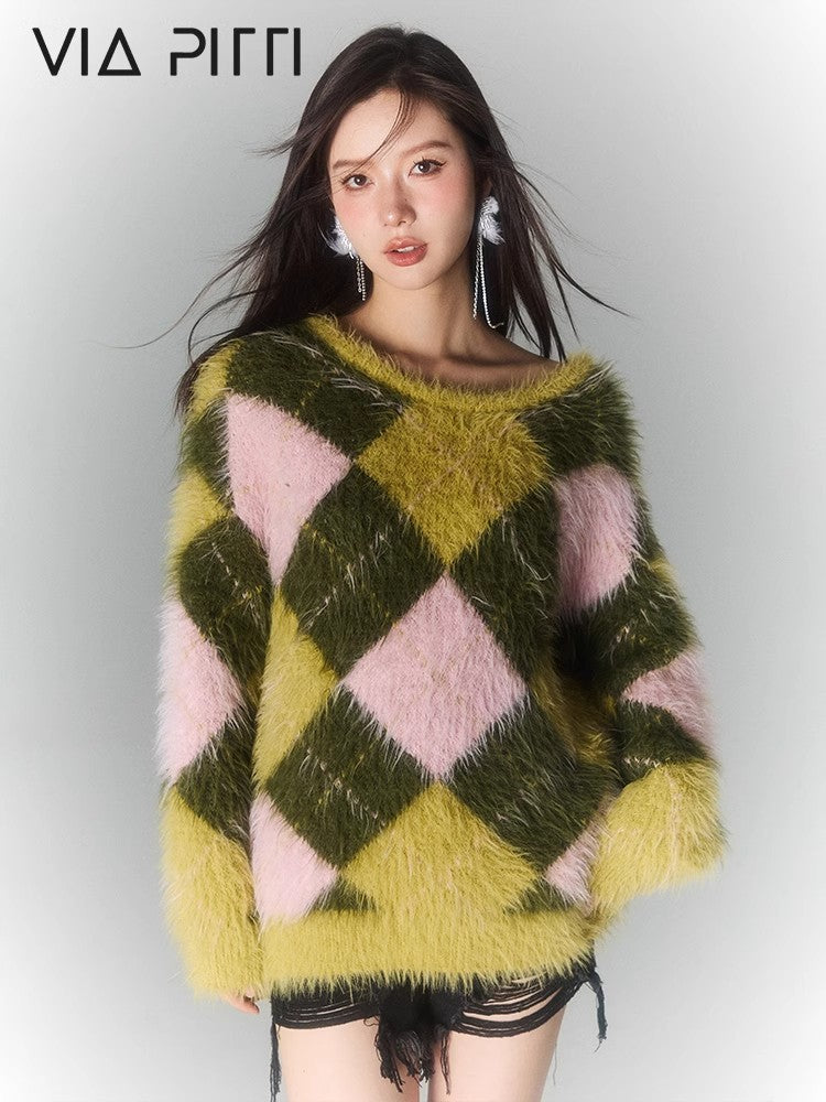 Argyle Pattern Furry Knit Sweater NA4664