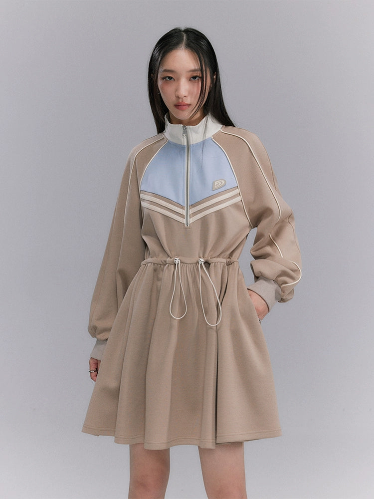 Embroidery Color Blocking Sporty Long Sleeve Jersey Dress NA5301