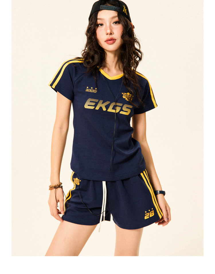 Stripe Letter Print Short Sleeve T-Shirt & Short Pants Setup NA9319
