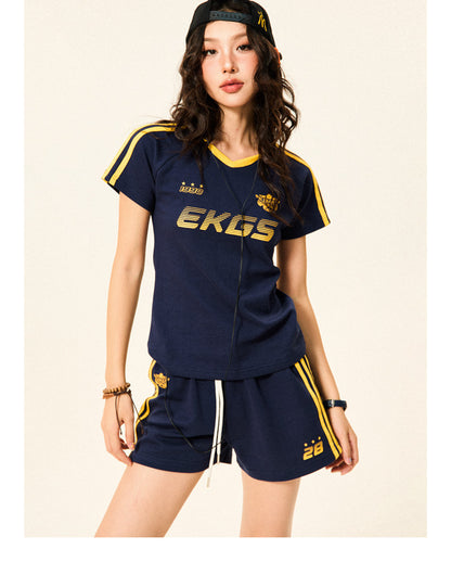 Stripe Letter Print Short Sleeve T-Shirt & Short Pants Setup NA9319
