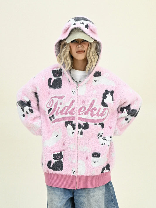 Cat Design Hooded Knit Cardigan NA6471