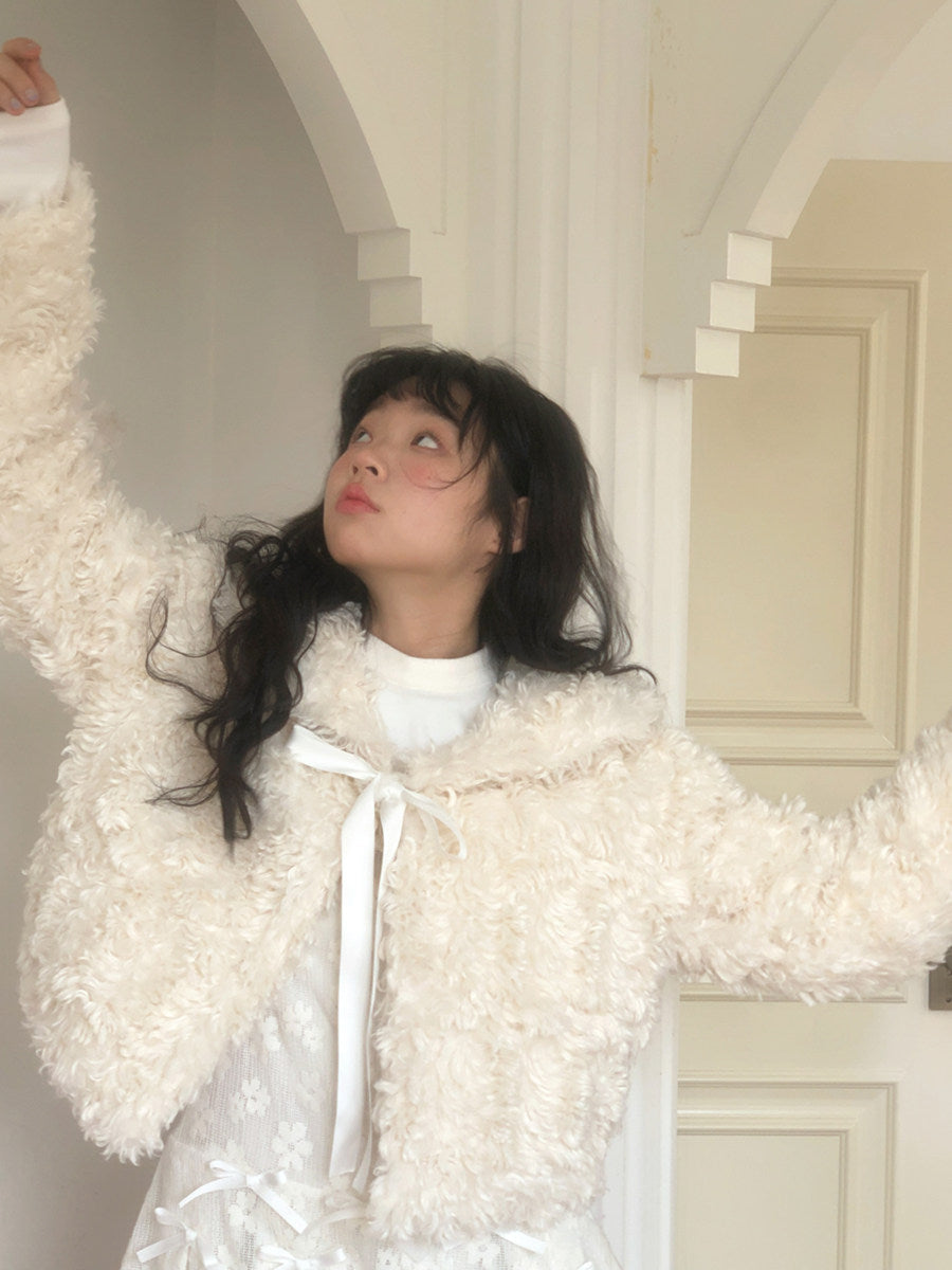 Fake Fur Bow Tie Plush Jacket NA8333