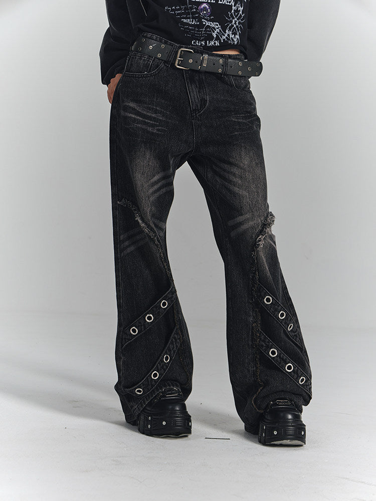 Washed Frayed Wide-Leg Straight Denim Jeans NA8903