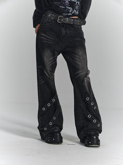 Washed Frayed Wide-Leg Straight Denim Jeans NA8903