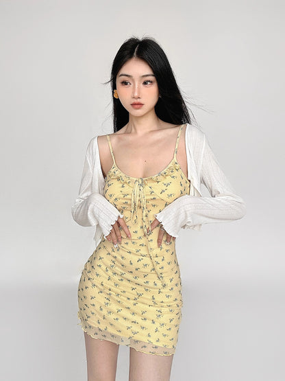 Yellow Floral Suspender Slim Fit Dress & Cardigan Setup NA4631