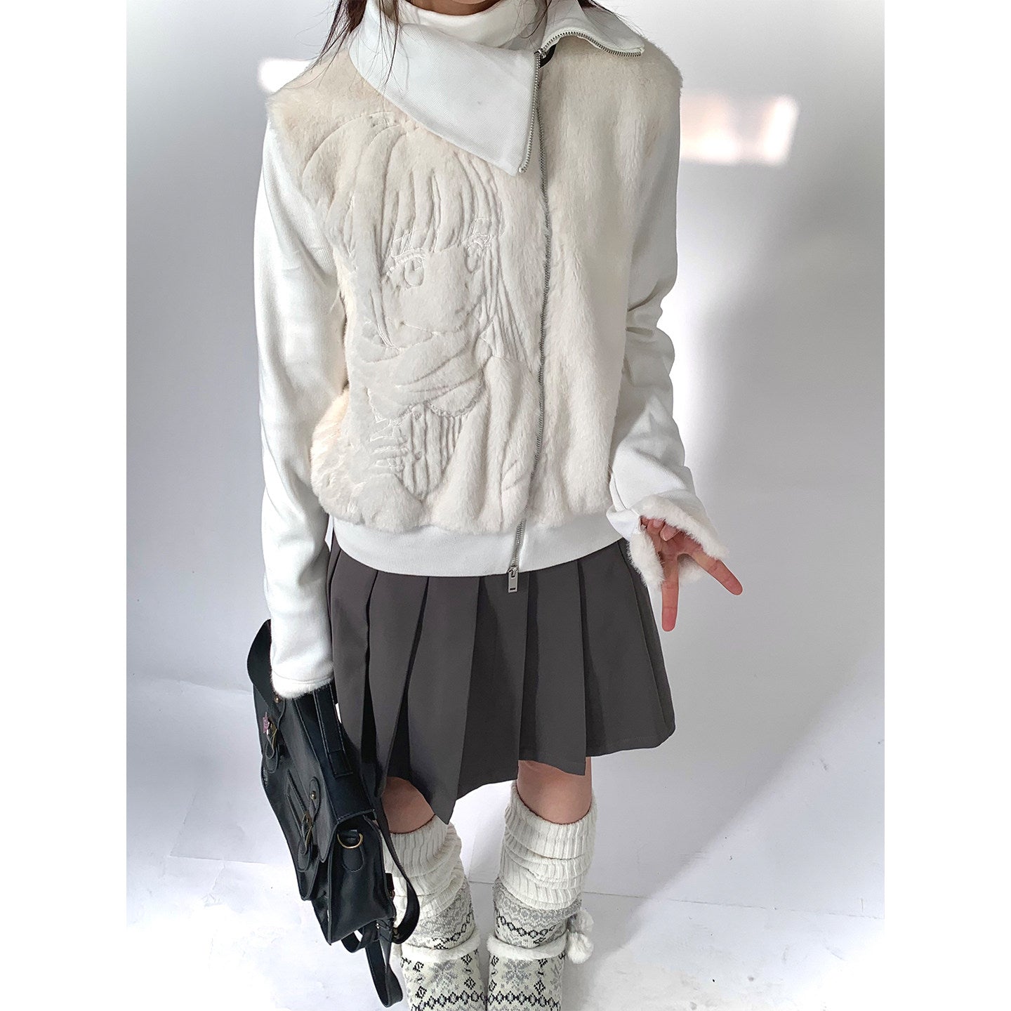 Fleece Embroidery Asymmetrical Zipper Jacket NA9263