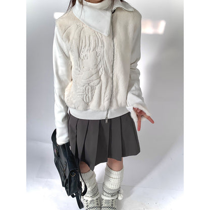 Fleece Embroidery Asymmetrical Zipper Jacket NA9263