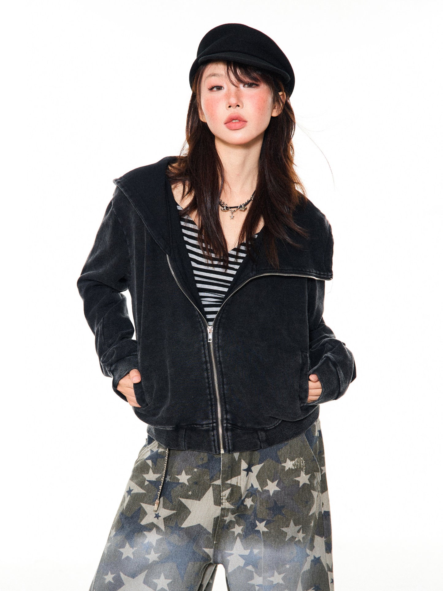 Asymmetrical Zipper Oversize Hooded Jacket NA9389