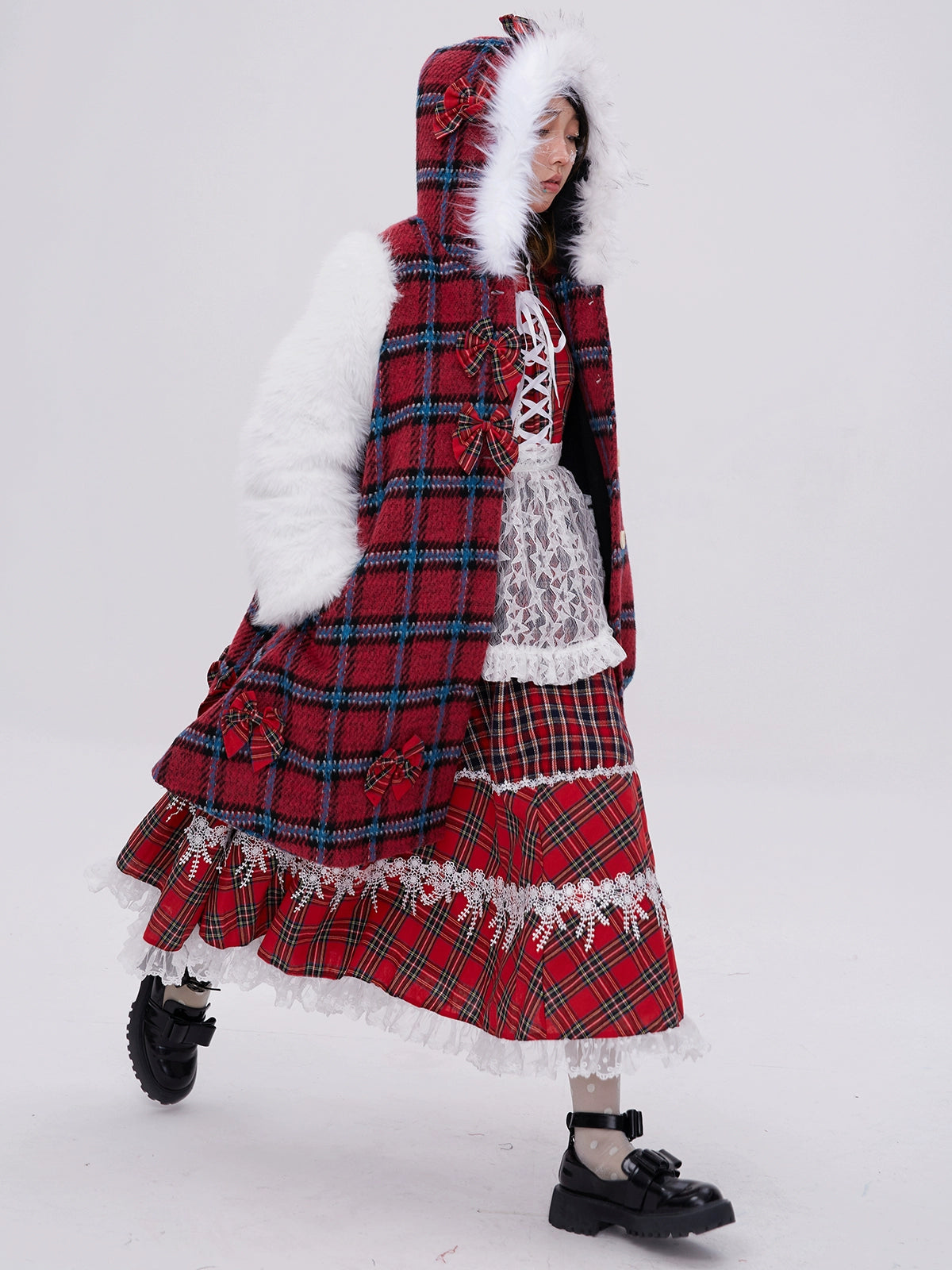 Checkred Lace Patchwork Hooded Wool Coat NA6508