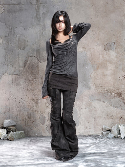 Fake Two-Piece Draped Pleated Mid- Length Slimming Long Sleeve T-Shirts NA8357